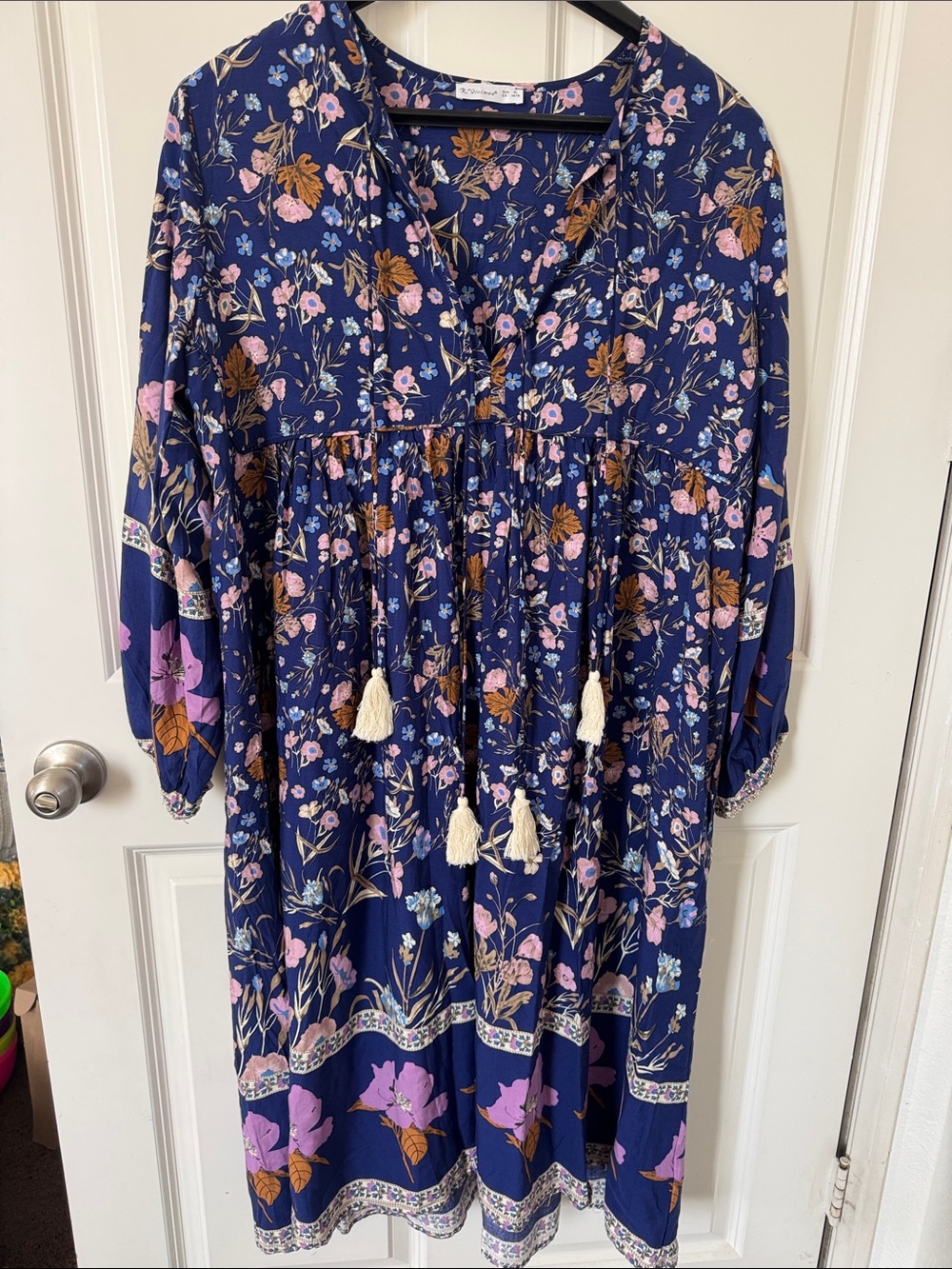 R. Vivimos Navy Floral Midi Dress with Pink & Tan Accents